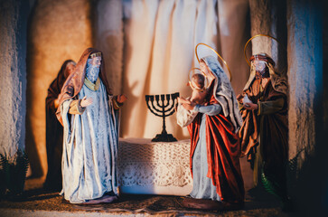 Presentation of Jesus at the Temple Scene with Virgin Mary Holding Baby Jesus and Simeon Figure,...