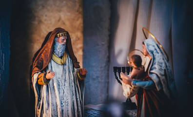 Presentation of Jesus at the Temple Scene with Virgin Mary Holding Baby Jesus and Simeon Figure,...