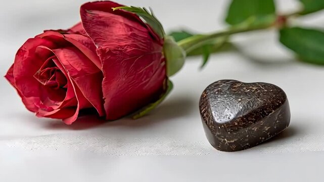 Red rose and dark chocolate heart on white surface near green leaves present a thoughtful gift idea for special occasions in any setting