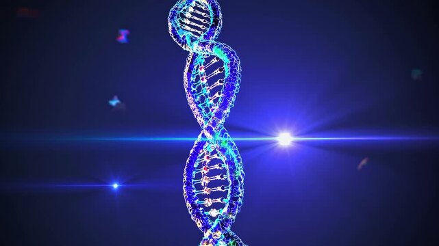 Abstract 3D animation of a DNA strand rotating. Genetic code helix spinning on a dark background with particles and colorful light flares