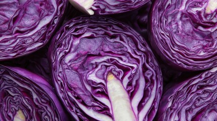Obraz premium Top View Close-up of Halved Red Cabbage Heads with Intricate Patterns