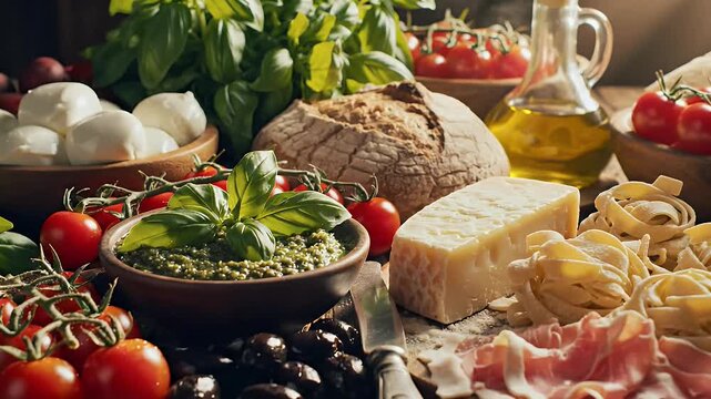 Fresh food ingredients display with bread cheese pasta tomatoes and basil