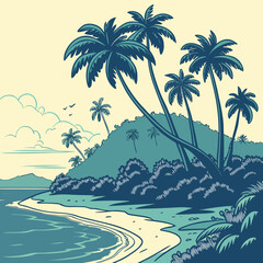 Tropical Island Paradise with Palm Trees and Sandy Shoreline © Mehe