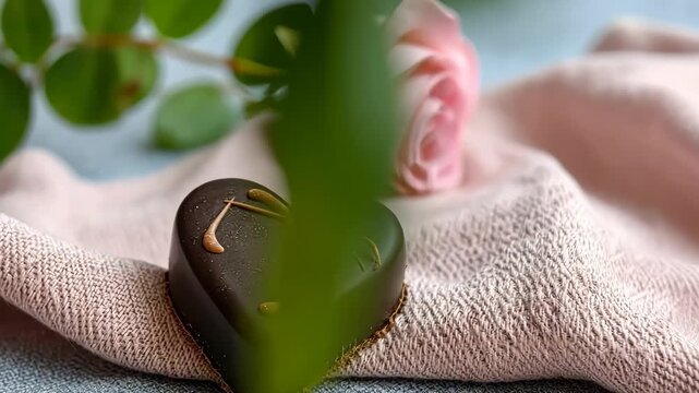 Chocolate heart on fabric next to a pink rose with soft lighting at a simple setting