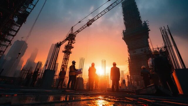 City Construction at Sunset: A silhouette of workers and construction cranes form a dramatic tableau against a vivid sunset backdrop, depicting progress and the building of a metropolis.
