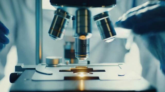 Video Close-up view of a scientist examining a microscopic specimen, suitable for medical or scientific s