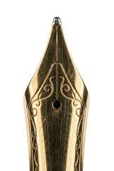 Gold fountain pen nib close up. Luxury writing instrument.
