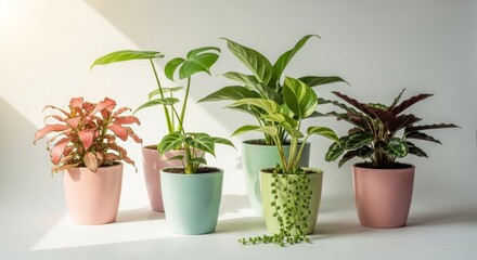 Fototapeta premium Six potted plants in pastel pots sit in bright sunshine