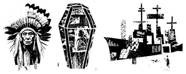 Fototapeta premium Native American Chief with Feathered Headdress, Coffin with Portrait, Warship Silhouettes
