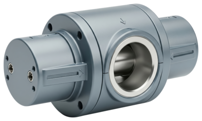 Heavy duty industrial metal flow control valve with direction arrows isolated with transparent background