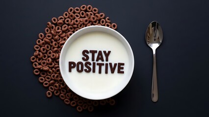 Breakfast bowl with chocolate cereal and stay positive message in milk