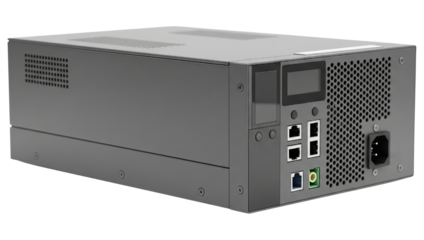 Grey industrial computer chassis with various connection ports isolated with transparent background