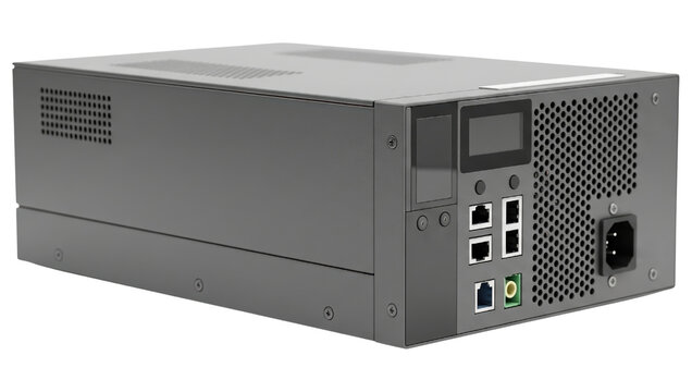 Grey industrial computer chassis with various connection ports isolated with transparent background