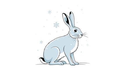 Obraz premium A beautiful and realistic illustration of a white arctic hare sitting in the snow with delicate snowflakes falling all around it.