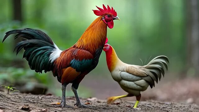 Rooster stands on the ground in a forest area during the daytime showcasing bright feathers and natural behavior
