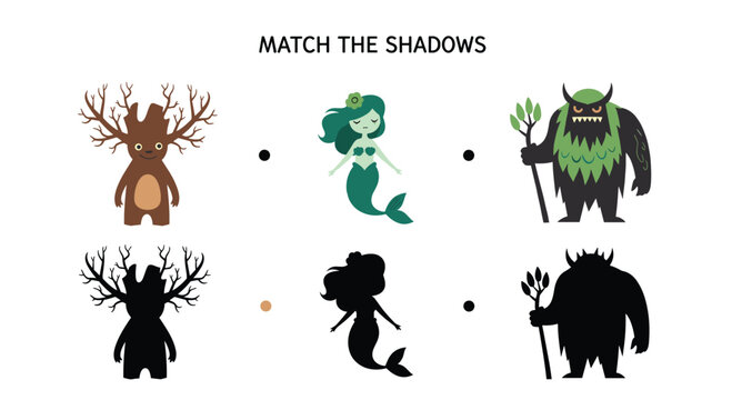 A children's educational matching game with cute mythical creatures and their corresponding shadows, including a mermaid and troll.