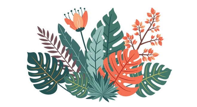 Beautiful botanical composition of various tropical leaves like monstera and palm with an orange flower on white background.