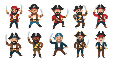 Obraz premium Set of ten cartoon pirate characters in various poses with different outfits, beards, and holding swords for adventure.