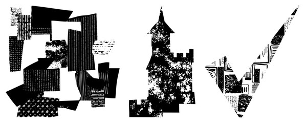 Fototapeta premium Abstract Geometric Shapes with Textured Halftone in Black and White