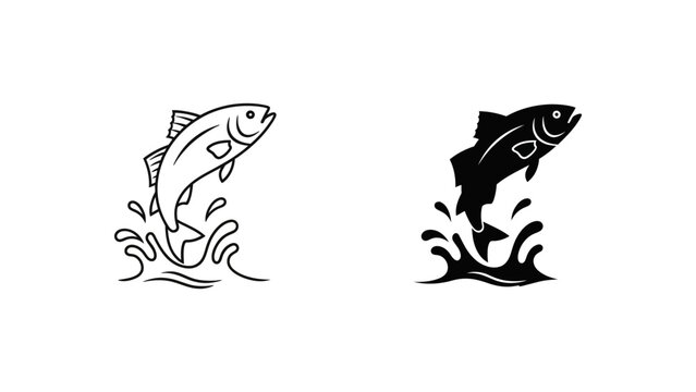 A minimalist vector graphic illustration of two fish jumping out of water in black and white