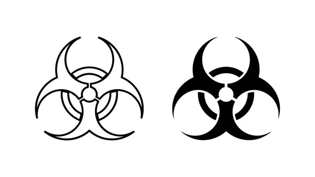 A vector graphic illustration of a biohazard symbol in black and white