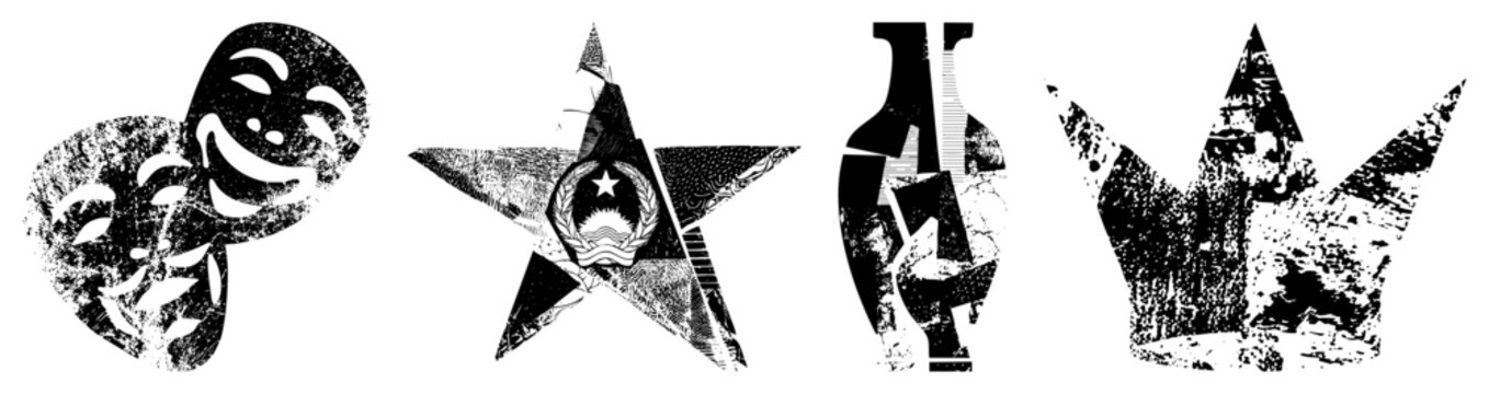 Vintage Theatrical Masks, Soviet Star, Vase, Crown Grunge Vector