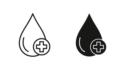 A minimalist vector graphic illustration of two medical drop icons with a cross symbol