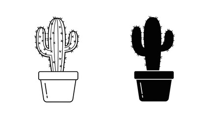 A minimalist vector graphic illustration of two cactus plants in pots, one in line art style and the other as a solid silhouette.