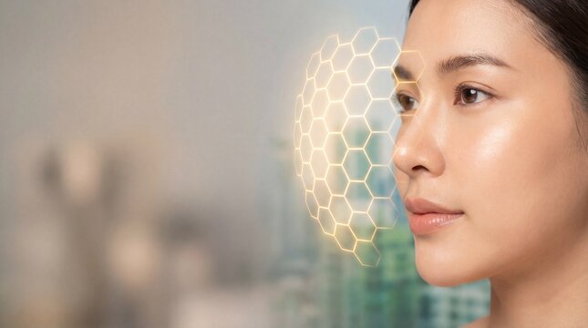 Beautiful female face with protective skin barrier against city dust.