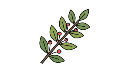 Obraz premium Green Branch with Red Berries - Simple Botanical Illustration