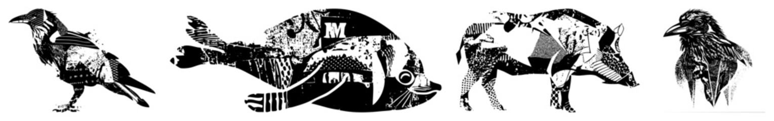 Obraz premium Stylized Black and White Animal Silhouettes with Textures