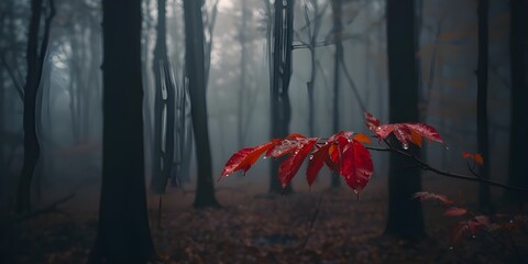 Fototapeta premium Close up of red autumn leaves in a dark misty woodland scene