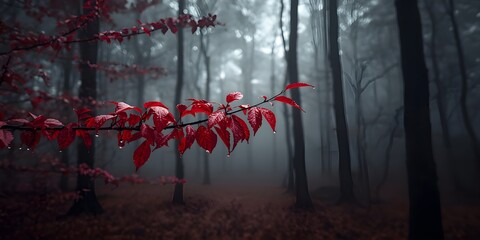 Mysterious autumn woods in mist with vibrant red foliage
