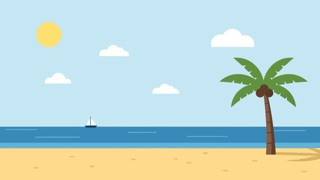 Flat design tropical beach scene with palm tree, sailboat and sun.