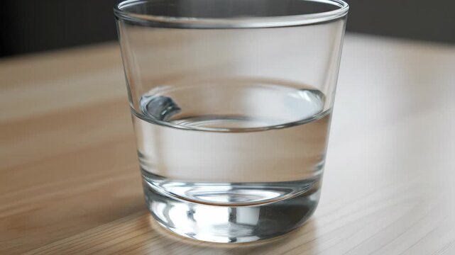 Water vibrating in glass. Close-up of a glass of water placed onto a flat table, with faint vibrations causing small waves inside the glass.