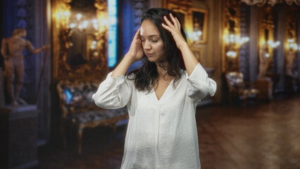 Fototapeta premium Woman touching hair and adjusting white blouse with closed eyes, standing amid gilded statues and frames in an ornate gallery building; serene contemplation.