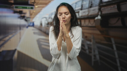 Fototapeta premium Young hispanic woman with hands pressed together praying on a commuter train platform inside a station building; anxiety prayer solitude.
