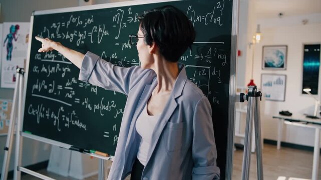 Female lecturer explaining complex mathematical formulas on a blackboard in a classroom. Smart woman teacher giving a lecture at college