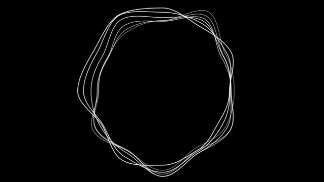 Abstract white glowing wavy lines forming an organic circle frame on black background motion loop
