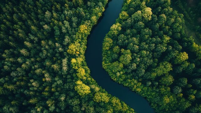 Stunning aerial perspective captures the serpentine dark blue river winding gracefully through the dense, lush green forest canopy creating a beautiful natural abstract landscape pattern from above.