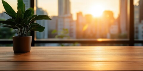 Modern workspace bathed in sunset glow with urban view and greenery