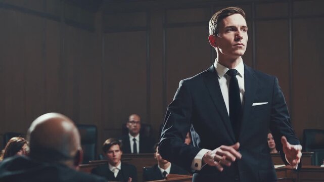 Young prosecutor or attorney speaking with conviction in front of a judge and jury. The scene depicts a dramatic court trial moment
