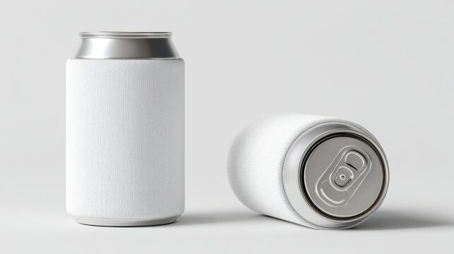Two Aluminum Beverage Cans with Blank White Textured Koozie Sleeves Isolated on White Background