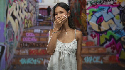 Naklejka premium Thai woman covers mouth with hand while tilting her head in a graffiti stairwell street, wearing a white crochet sundress and pendant necklace; shy amusement.