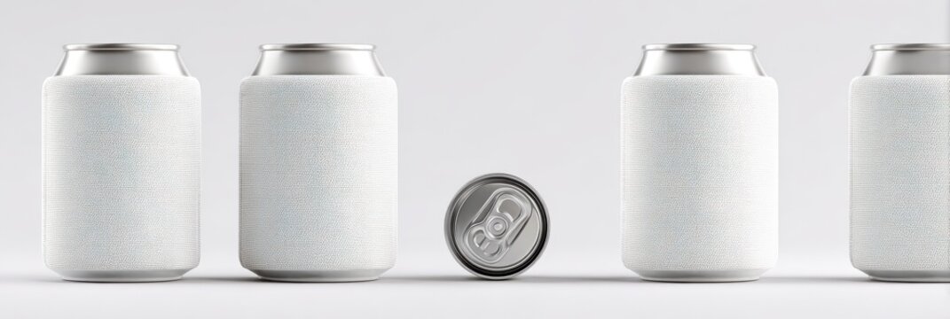 Five aluminum beverage cans, four with white koozies and one on its side, isolated on white background