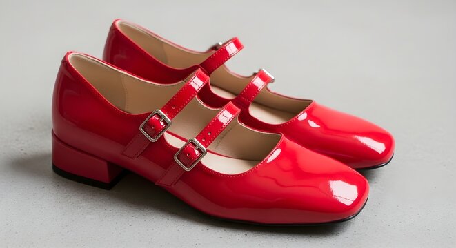 Pair of shiny red mary jane shoes isolated on plain background