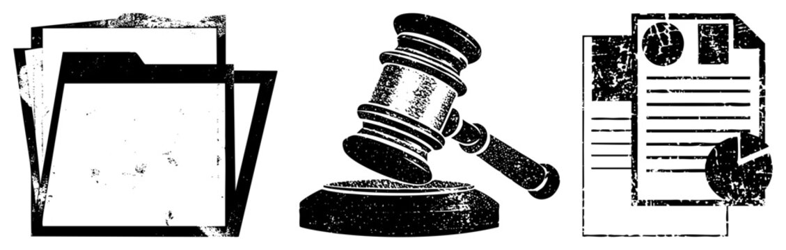 Legal Documents, Gavel, and Folders in Grunge Black and White Vector Set