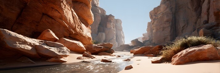Stunning natural landscape of a desert canyon with tall rough cliffs and a small reflective river running through the sandy ground under a clear blue sky