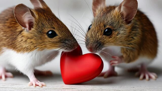 Two cute mice share a small red heart on a wooden surface in a close-up view during bright daylight