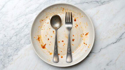 Empty plate with utensils on marble surface